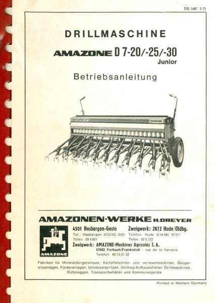 Amazone Drillmaschine D 7-20/-25/-30 Junior Betriebsanleitung