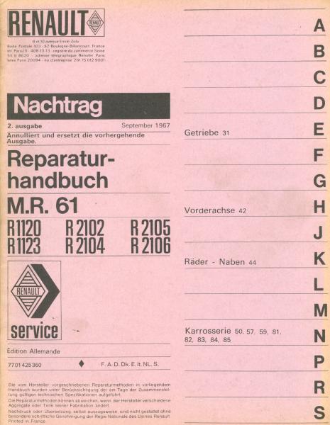 Renault R 1120/2102/2105/1123/2104/2106, 2. Nachtrag zum Reparturhandbuch M.R.61