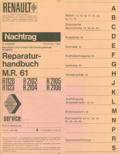 Renault R 1120/2102/2105/1123/2104/2106, 3. Nachtrag zum Reparaturhandbuch M.R.61