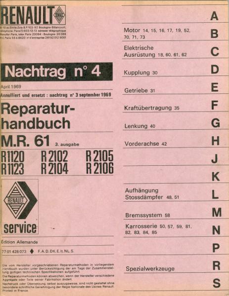 Renault R 1120/2102/1123/2104/2106 Nachtrag Nr. 4 zum Reparaturhandbuch M.R.61